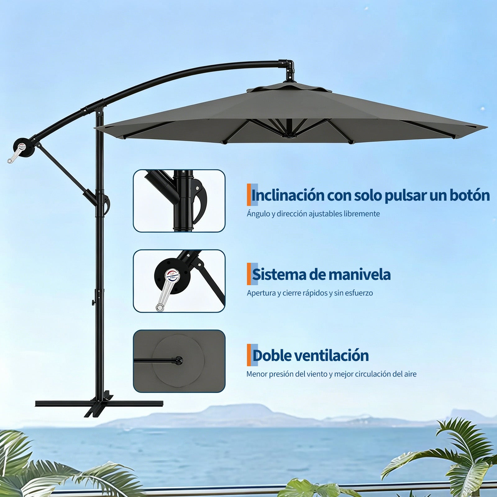 Garvee Sombrilla Excéntrica de 300 cm con Manivela e Inclinación Ajustable, Parasol de Aluminio Giratorio 360° para Exterior UV50+ Gris