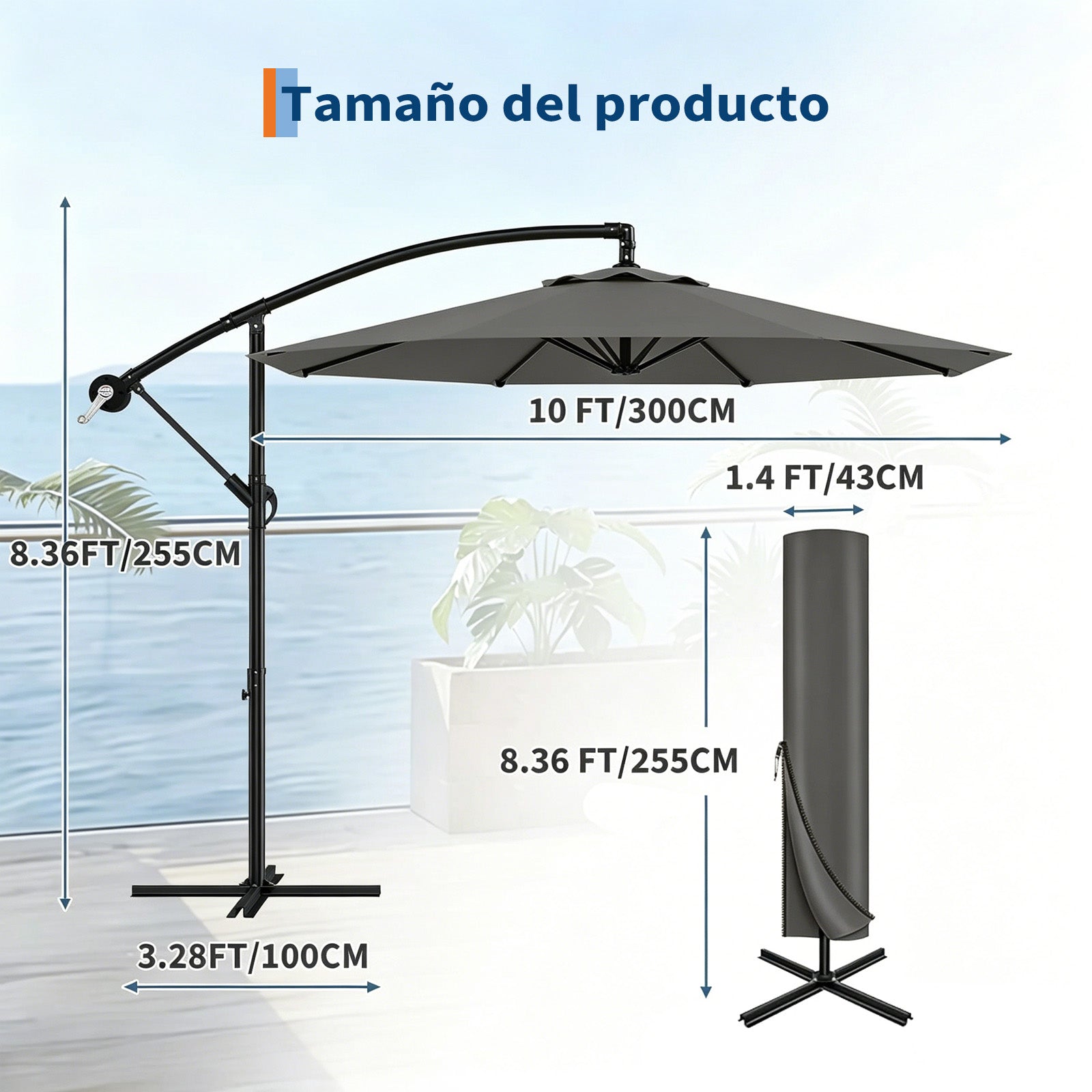 Garvee Sombrilla Excéntrica de 300 cm con Manivela e Inclinación Ajustable, Parasol de Aluminio Giratorio 360° para Exterior UV50+ Gris