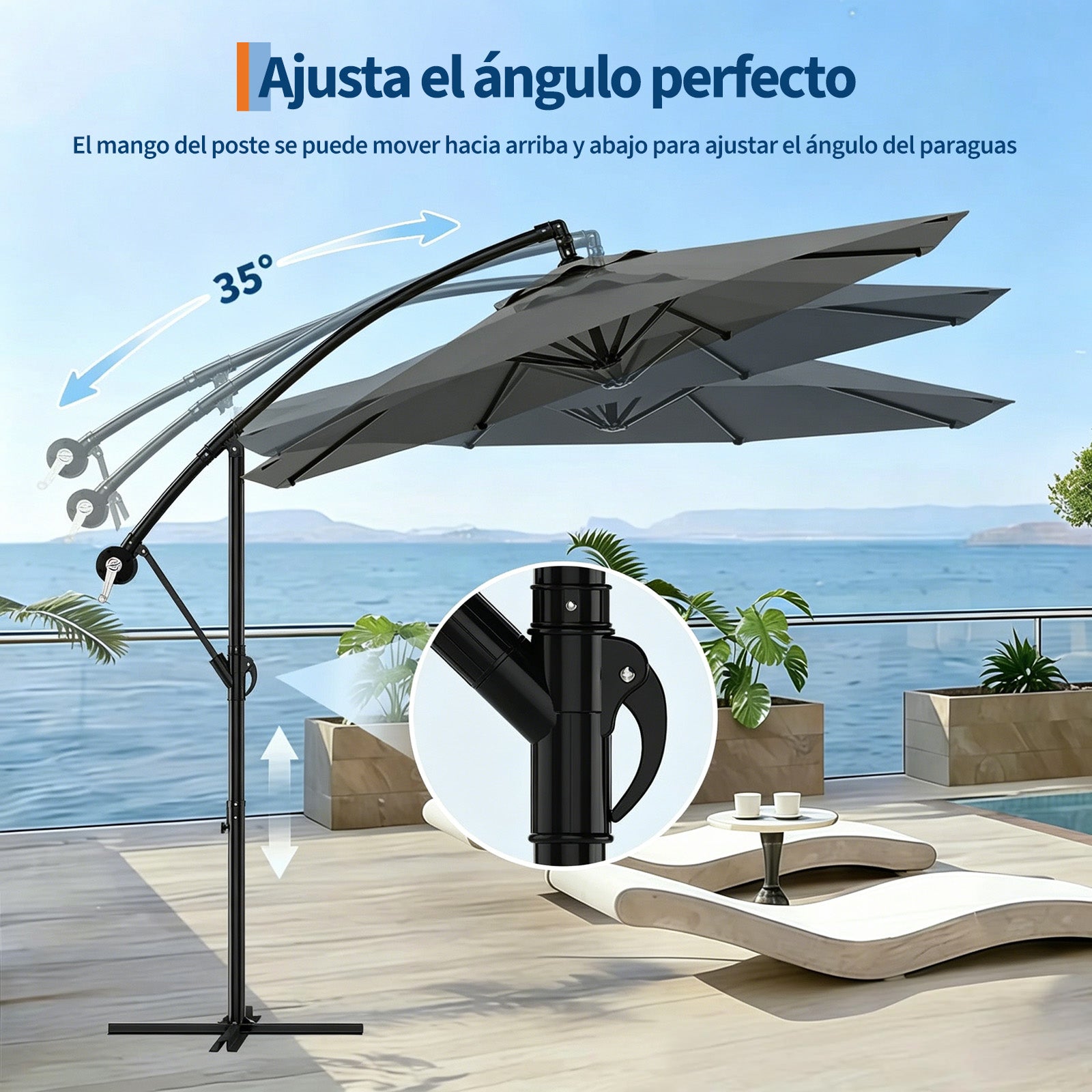 Garvee Sombrilla Excéntrica de 300 cm con Manivela e Inclinación Ajustable, Parasol de Aluminio Giratorio 360° para Exterior UV50+ Gris