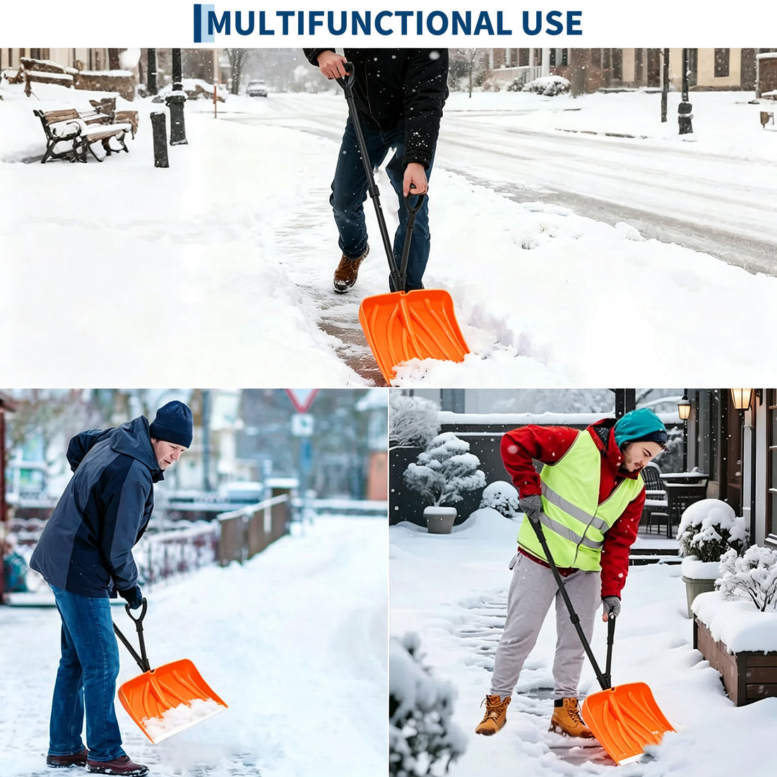 Garvee Pala Quitanieves Resistente en Acero al Carbono con Mango Telescopico Doble Ideal para Jardin, Naranja y Plateado