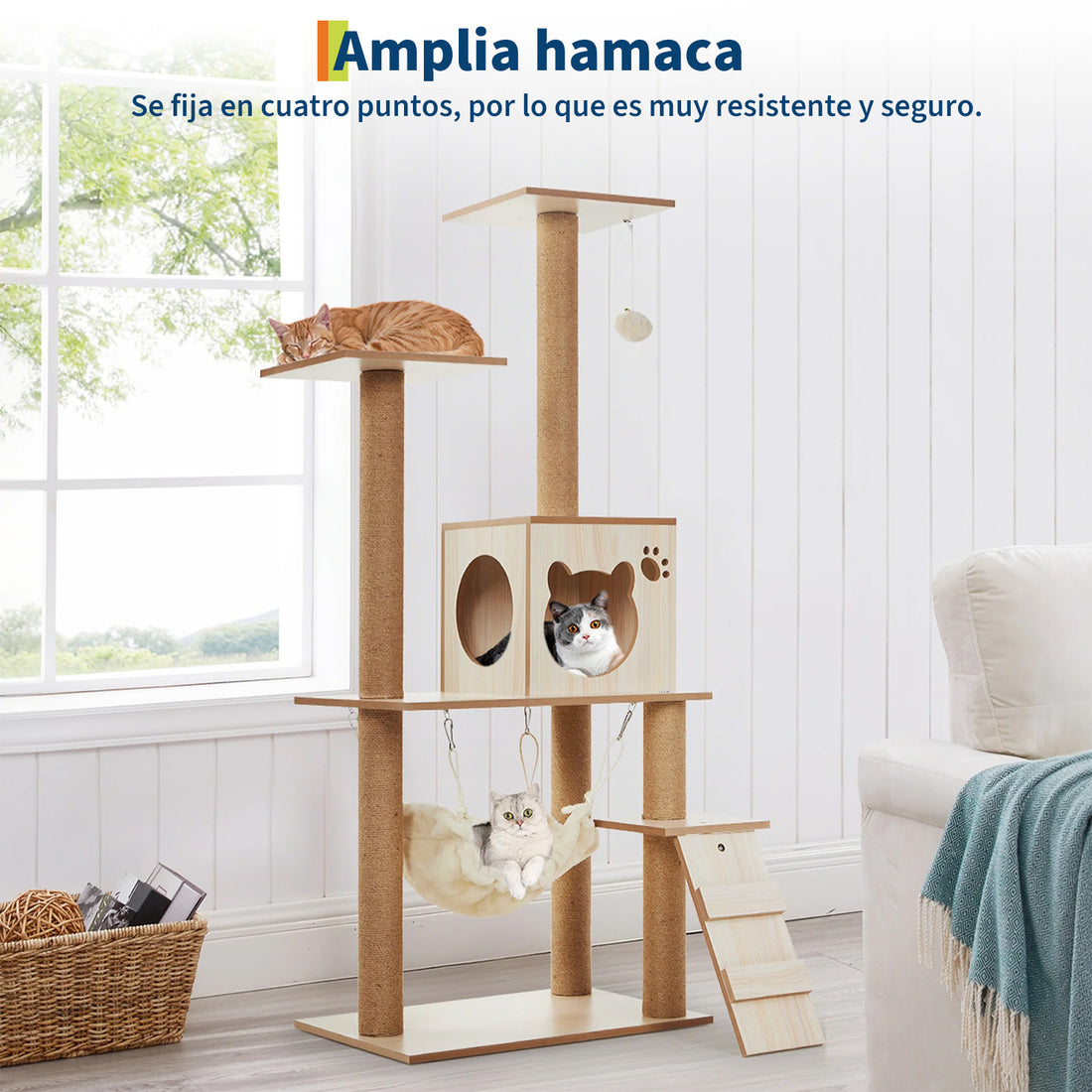 Garvee Árbol Rascador Multiusos para Gatos con Hamaca Plataformas Casita y Juguetes Madera Natural