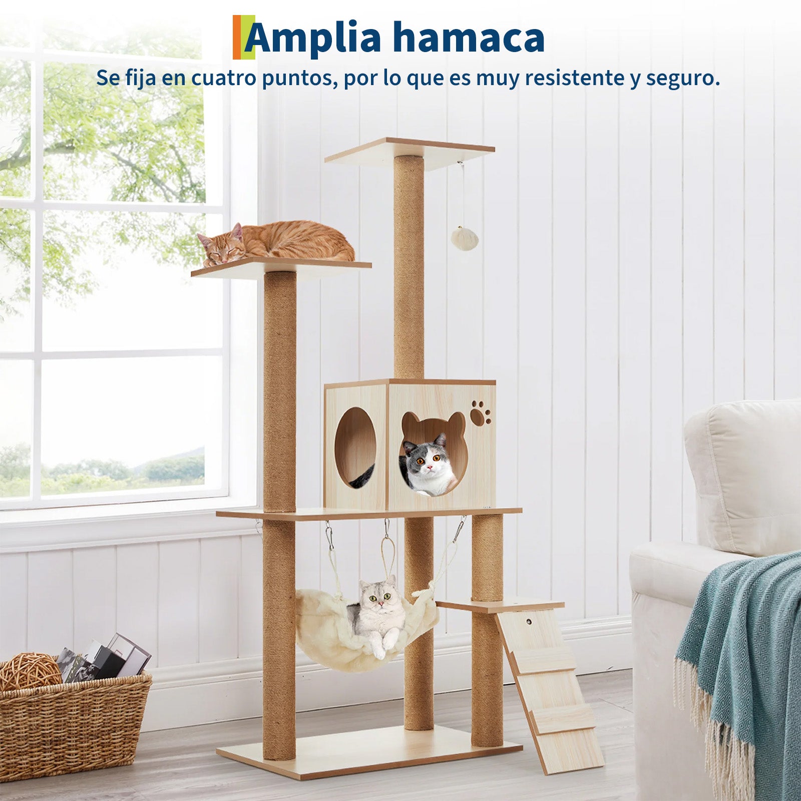 Garvee Árbol Rascador Multiusos para Gatos con Hamaca Plataformas Casita y Juguetes Madera Natural