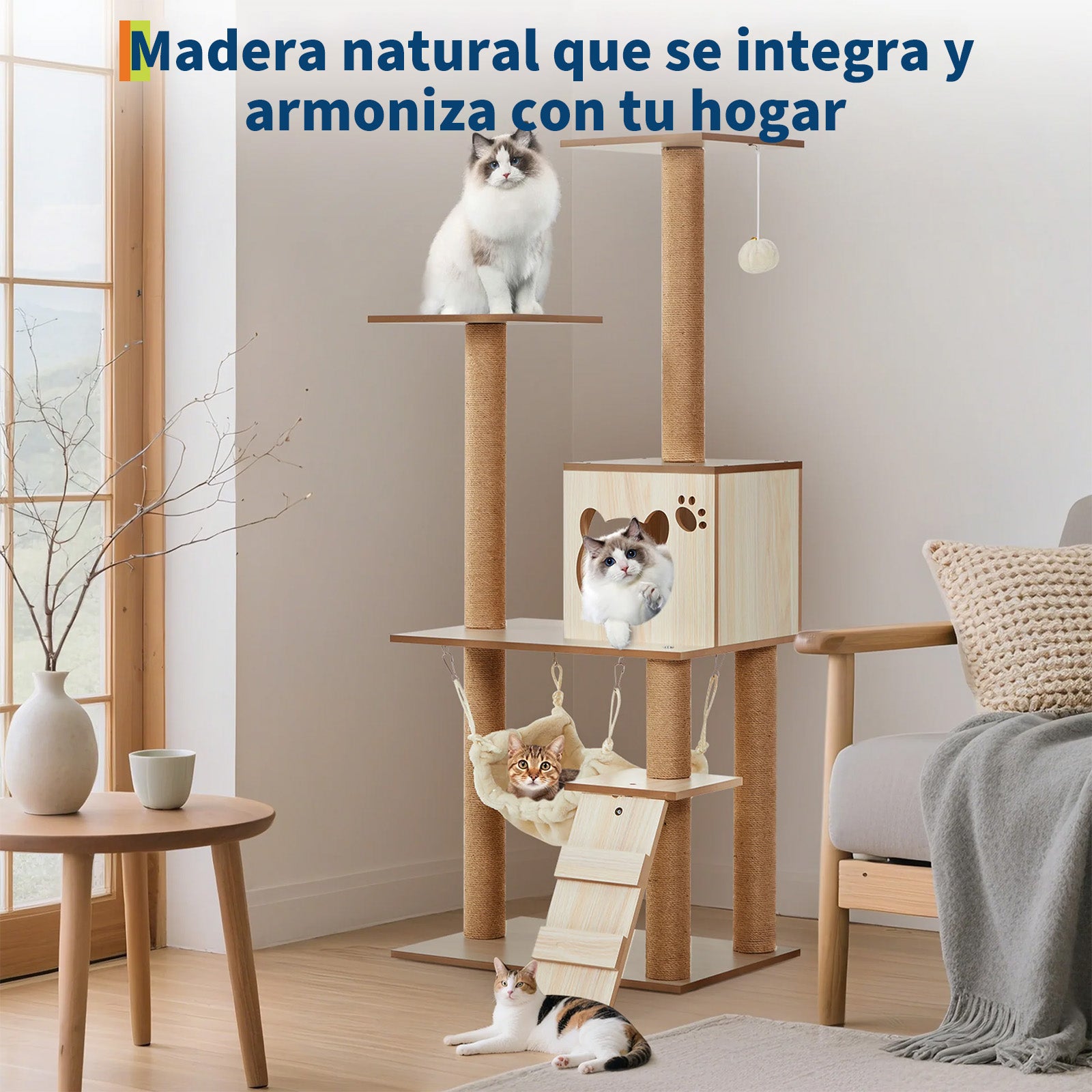 Garvee Árbol Rascador Multiusos para Gatos con Hamaca Plataformas Casita y Juguetes Madera Natural