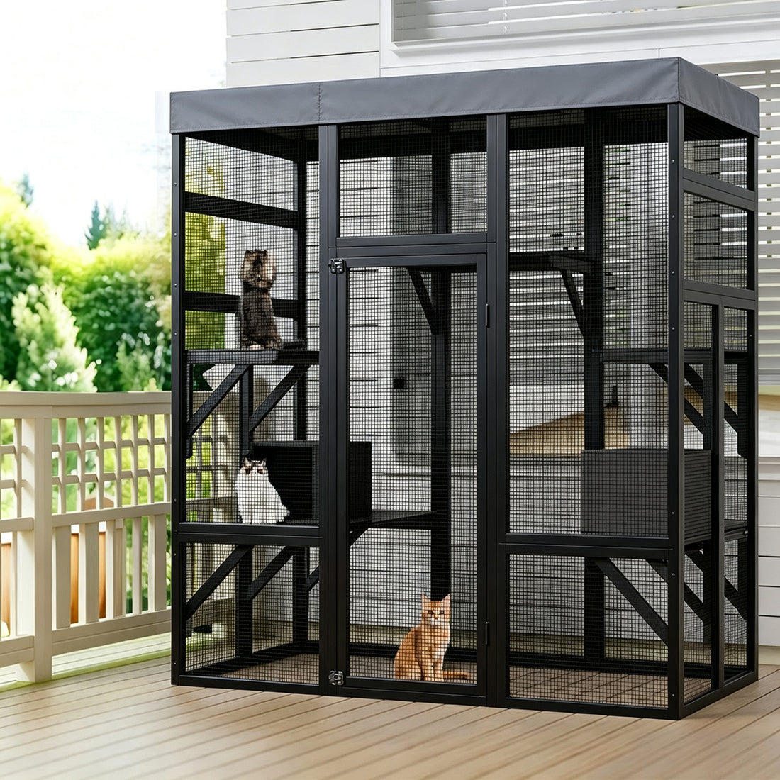Garvee Jaula de Exterior para Gatos Extra Grande, Recinto de Madera Resistente a la Intemperie con 5 Plataformas, Diseño Seguro, Negro