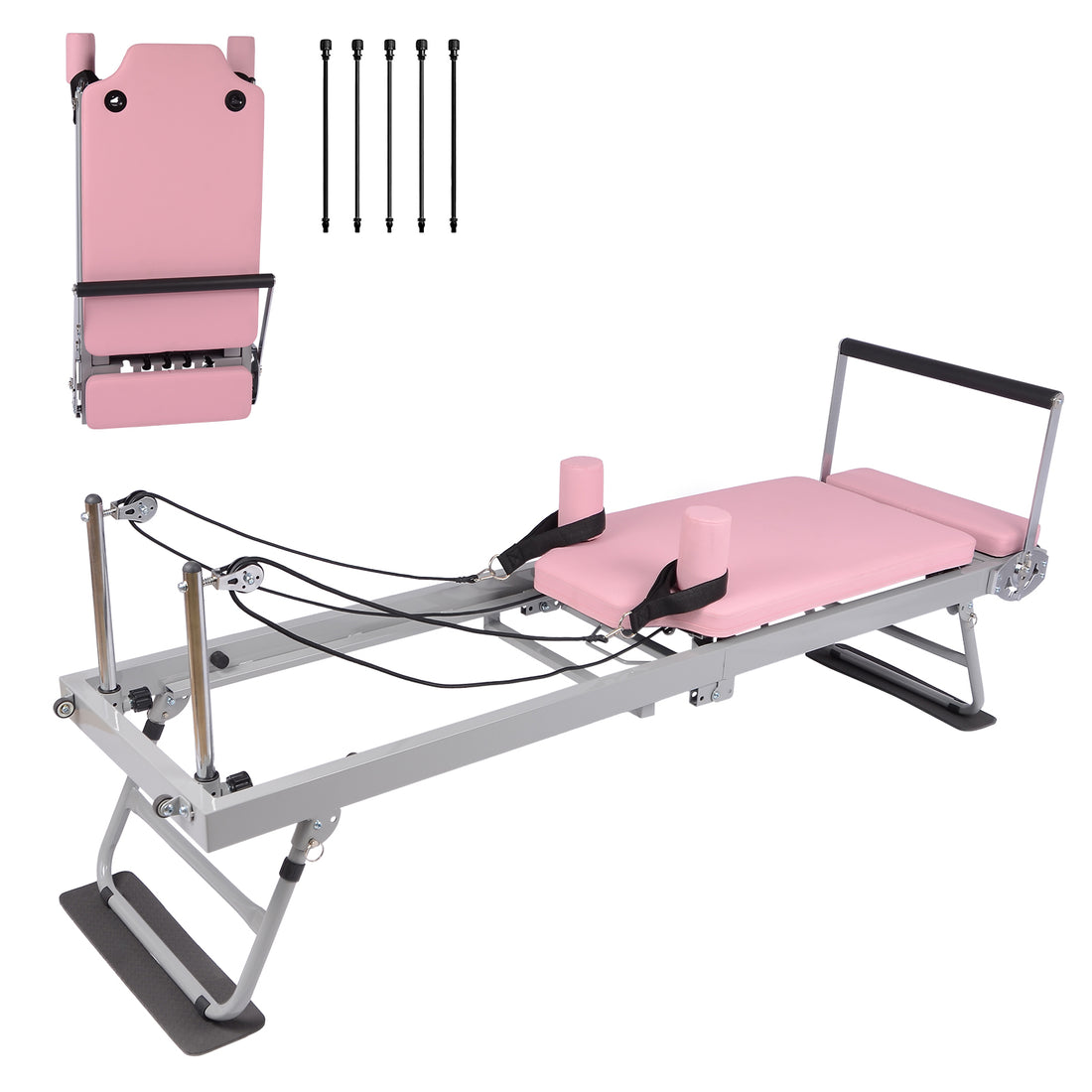 Garvee Máquina Pilates Reformer Plegable Rosa para Gimnasio en Casa, Equipo de Entrenamiento de Fuerza con Cuerdas de Resistencia, Estructura Metálica Compacta de Fácil Almacenamiento, 197×57×72 cm