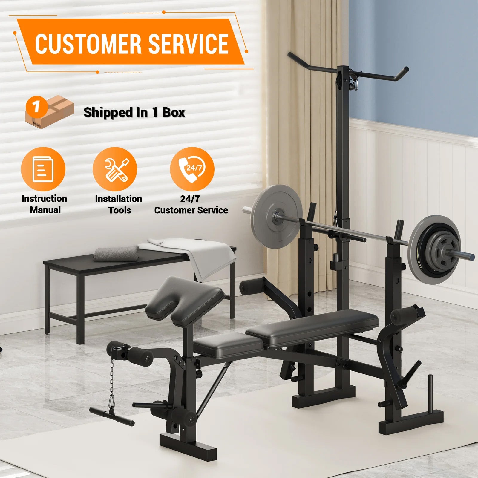 Garvee Banco de Pesas Ajustable 5 en 1 para Gimnasio en Casa, Plegable, 771 kg, Negro Mate