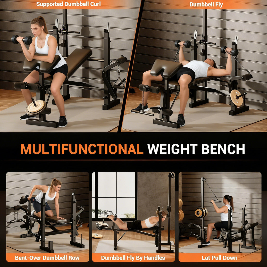 Garvee Banco de Pesas Ajustable 5 en 1 para Gimnasio en Casa, Plegable, 771 kg, Negro Mate