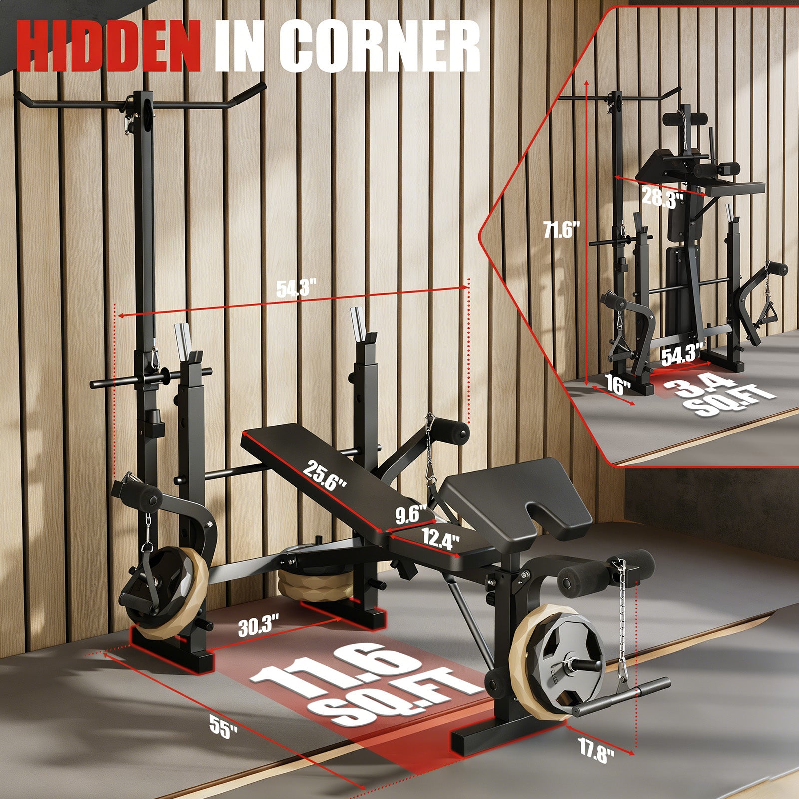 Garvee Banco de Pesas Plegable con Extensión de Piernas y Almohadilla Curl Preacher, Ajustable, Acero Resistente, Multi-Posición, Entrenamiento En Casa, Negro