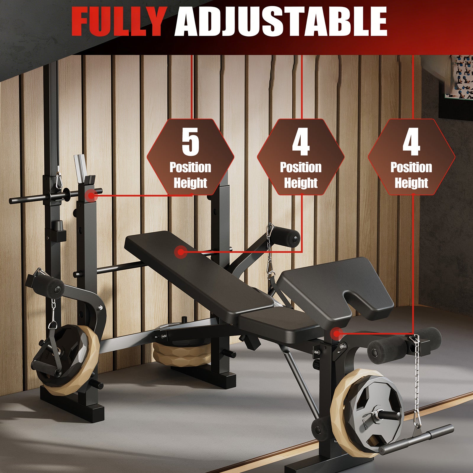 Garvee Banco de Pesas Plegable con Extensión de Piernas y Almohadilla Curl Preacher, Ajustable, Acero Resistente, Multi-Posición, Entrenamiento En Casa, Negro