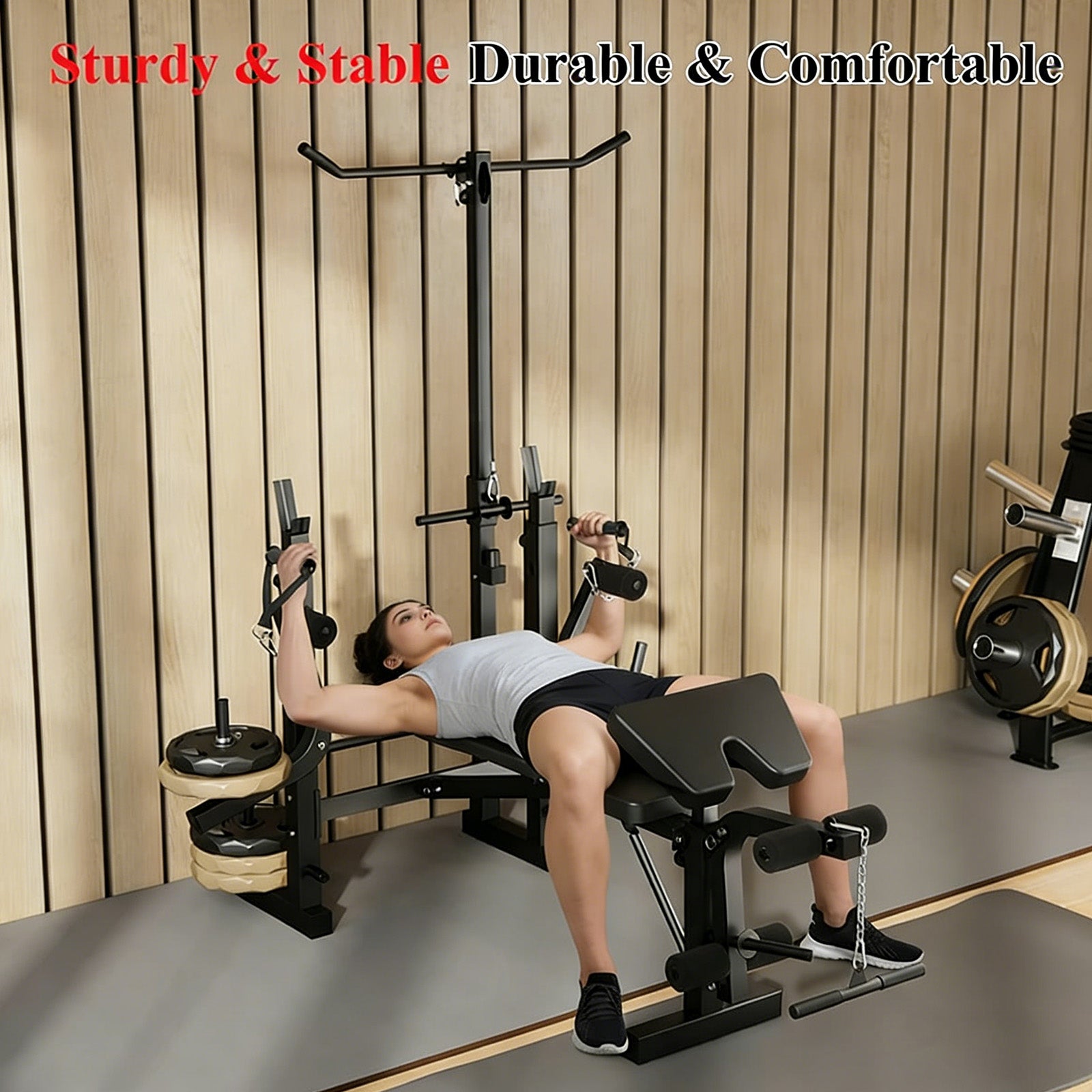 Garvee Banco de Pesas Plegable con Extensión de Piernas y Almohadilla Curl Preacher, Ajustable, Acero Resistente, Multi-Posición, Entrenamiento En Casa, Negro