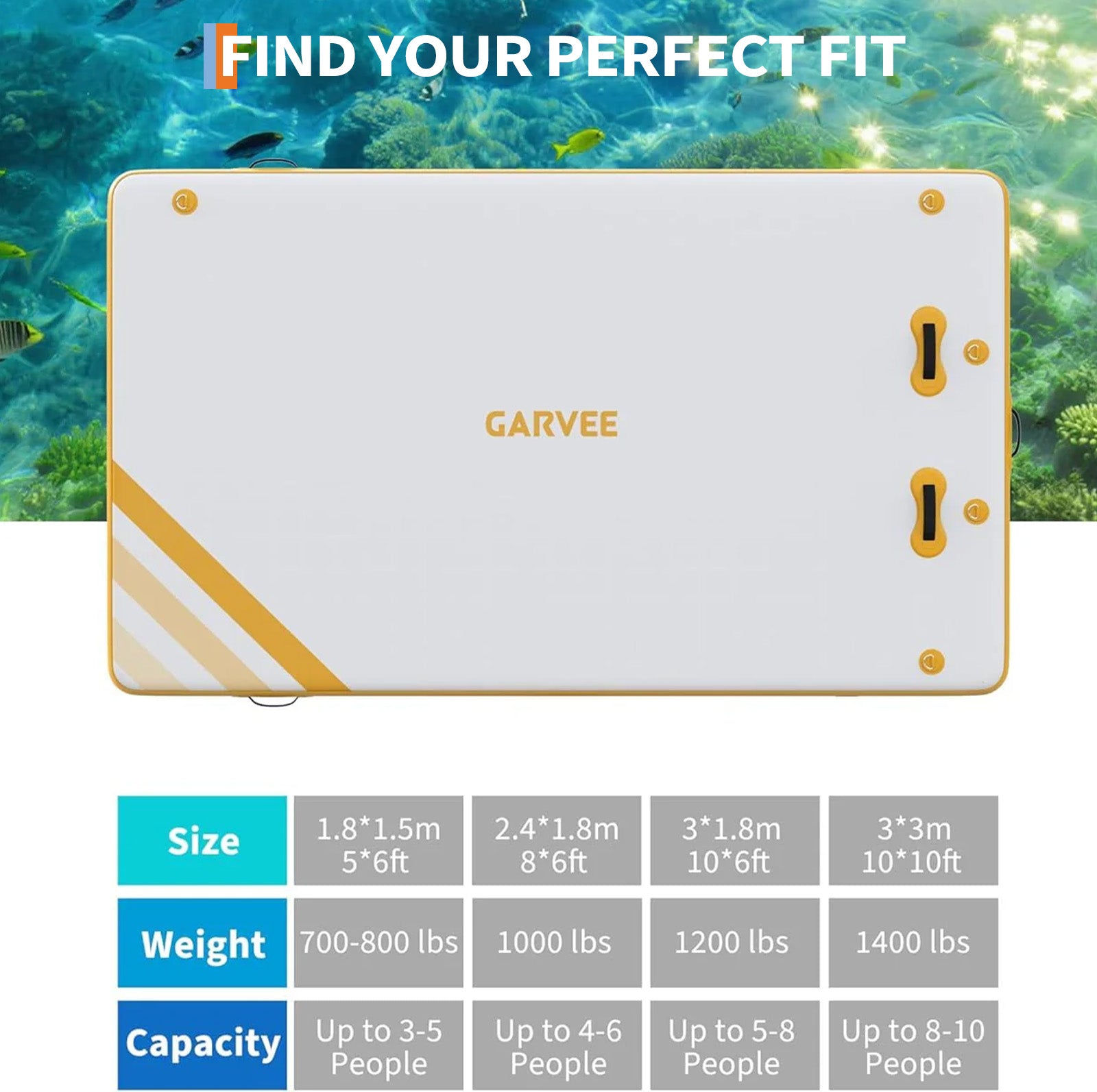 Garvee Plataforma Flotante Inflable para Agua con Superficie Antideslizante, Escalera Suave y Anclaje Seguro, PVC Resistente, Ideal para Piscina y Playa, 244x183 cm, Amarillo