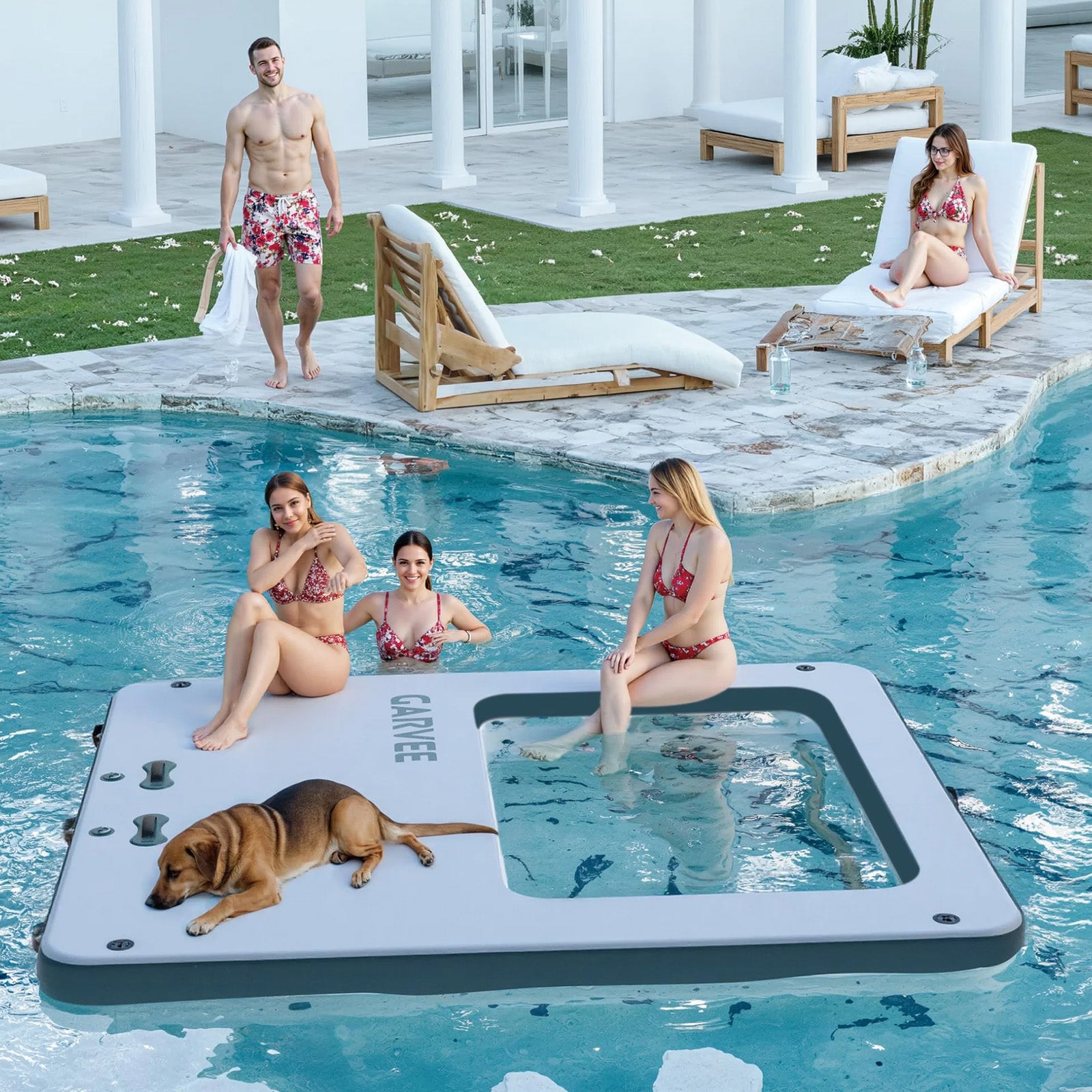 Garvee Hamaca Inflable Acuática Cuadrada de 305 cm, Plataforma Flotante con Trampolín de Malla para Lago y Piscina, Blanco y Azul Pavo Real