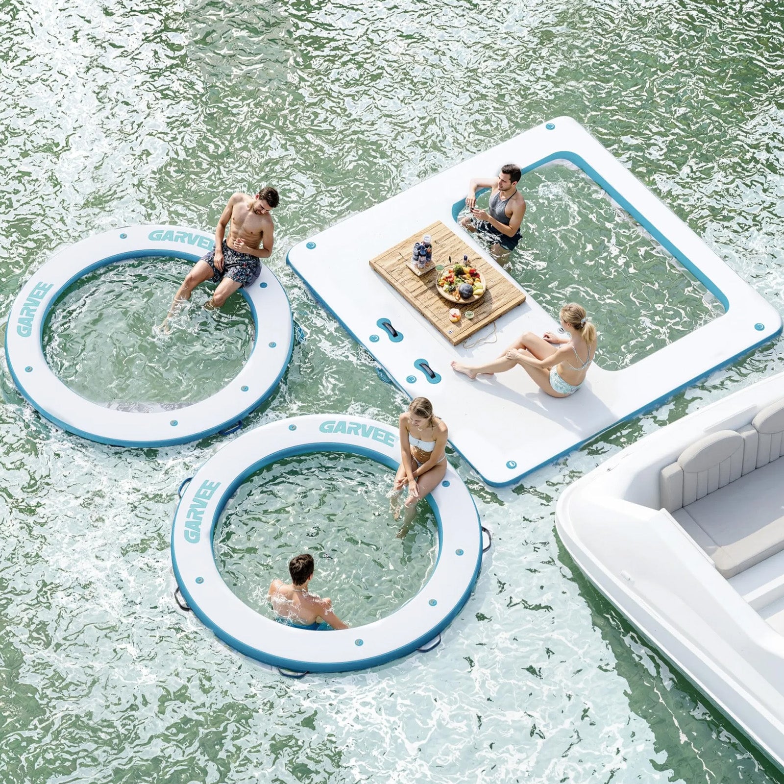 Garvee Hamaca Inflable Acuática Cuadrada de 305 cm, Plataforma Flotante con Trampolín de Malla para Lago y Piscina, Blanco y Azul Pavo Real