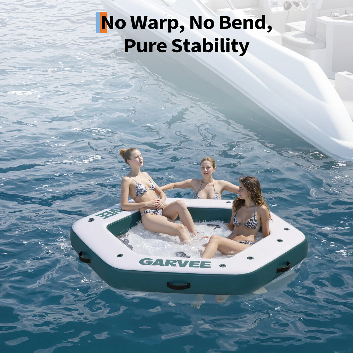 Garvee Hamaca Inflable Acuática Hexagonal de 259 cm, Plataforma Flotante de PVC Marino con Piscina de Malla Central de 152 cm, Anillas de Acero Inoxidable para Conexión Modular y Bomba Manual, Blanco y Azul
