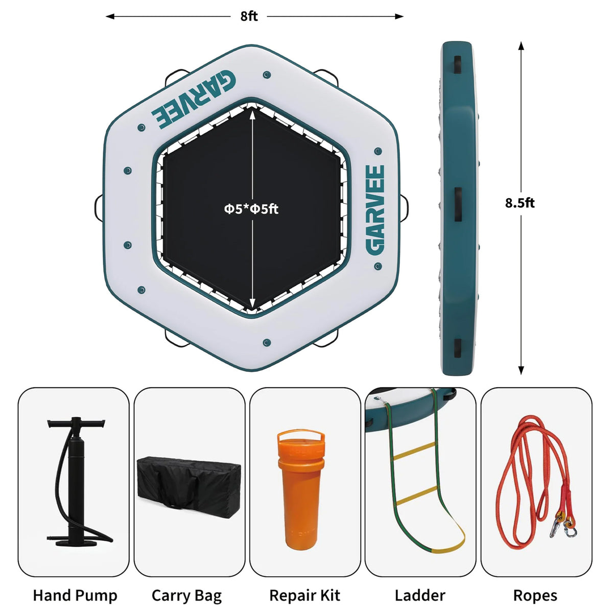 Garvee Hamaca Inflable Acuática Hexagonal de 259 cm, Plataforma Flotante de PVC Marino con Piscina de Malla Central de 152 cm, Anillas de Acero Inoxidable para Conexión Modular y Bomba Manual, Blanco y Azul