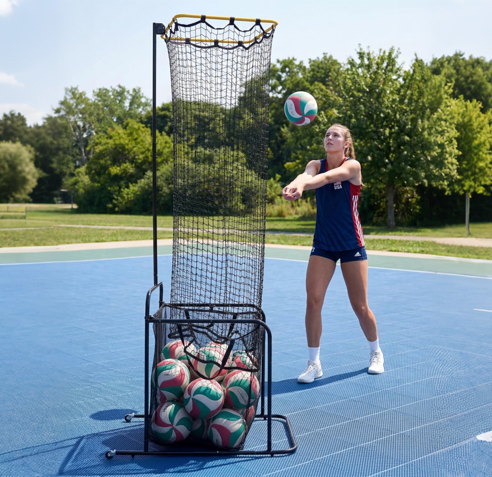 Garvee Red De Entrenamiento Para Colocador De Vóleibol Ajustable 5 Alturas Y Ángulos Marco De Hierro Resistente Portátil Con Ruedas Y Freno Para Interior Y Exterior