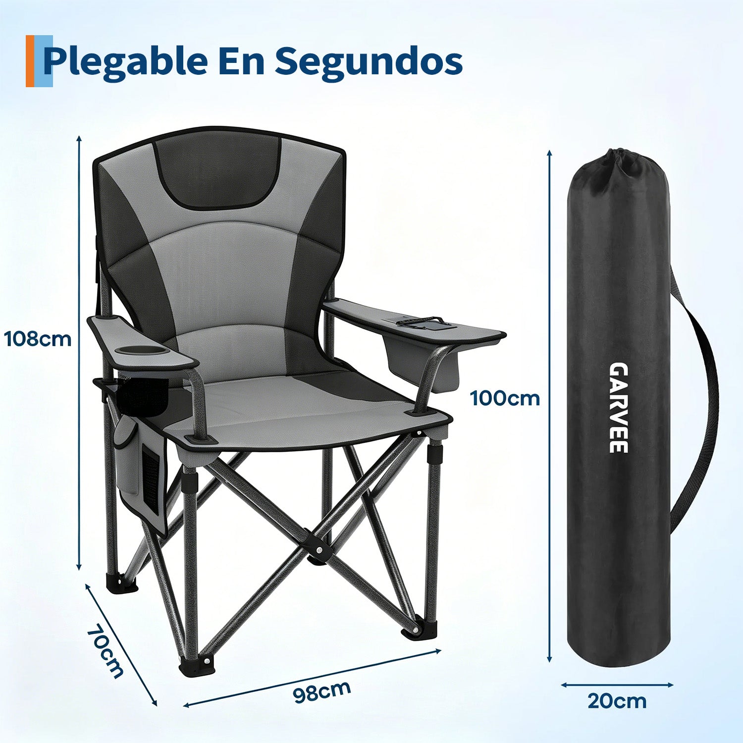 Garvee Silla de Camping Plegable XL Acolchada, Asiento Ancho de 64cm con Nevera Portátil y Portavasos, Silla de Playa y Pesca Resistente hasta 200kg, Color Negro