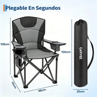 Garvee Silla de Camping Plegable XL Acolchada, Asiento Ancho de 64cm con Nevera Portátil y Portavasos, Silla de Playa y Pesca Resistente hasta 200kg, Color Negro