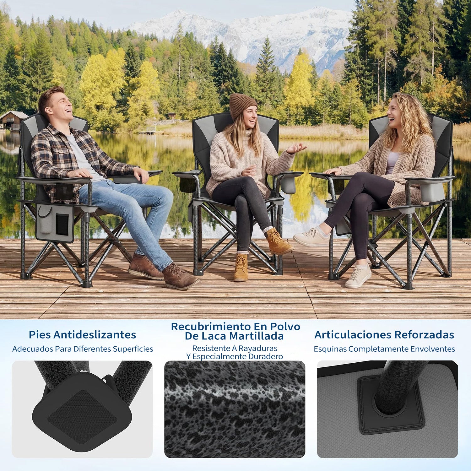 Garvee Silla de Camping Plegable XL Acolchada, Asiento Ancho de 64cm con Nevera Portátil y Portavasos, Silla de Playa y Pesca Resistente hasta 200kg, Color Negro