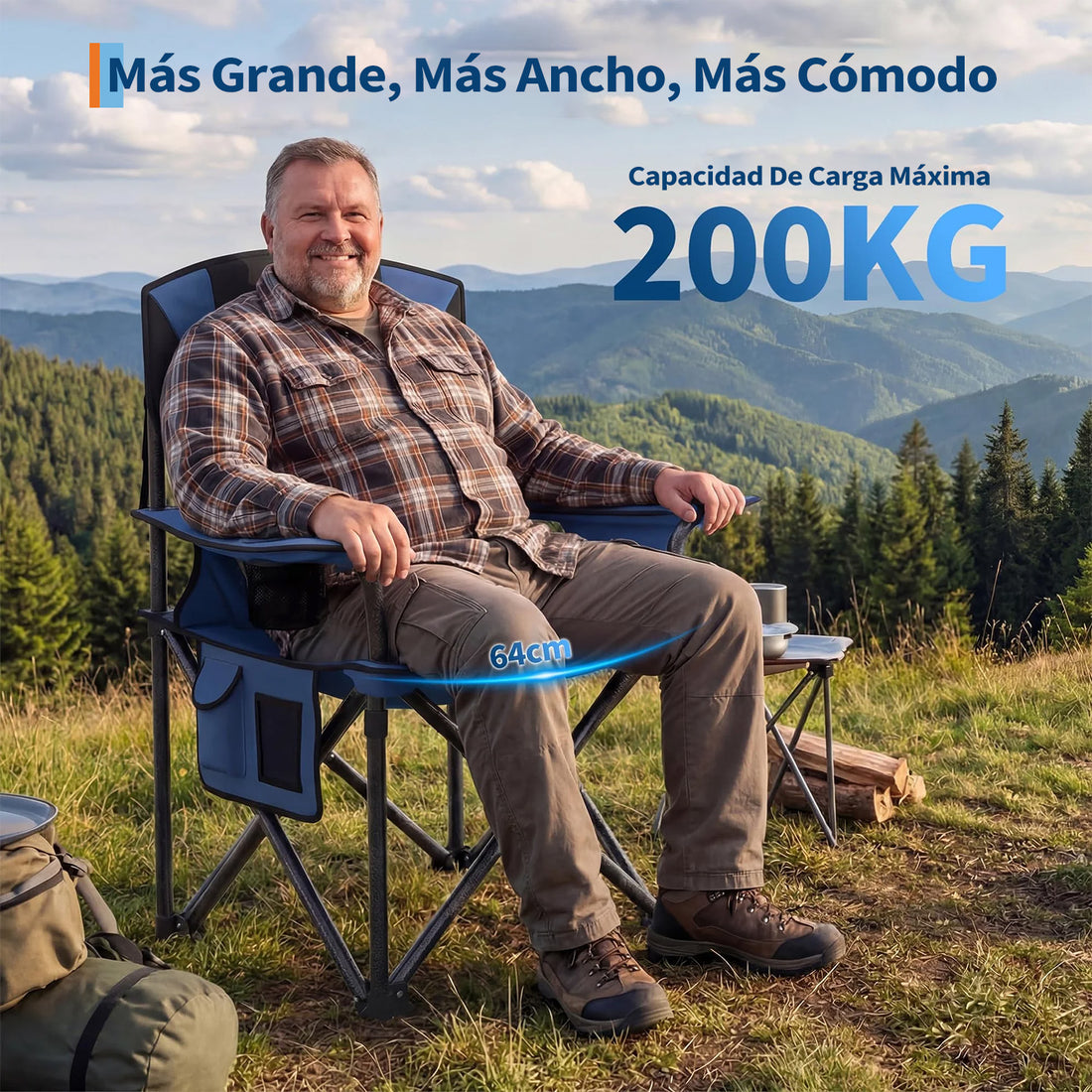 Garvee 2 Sillas de Camping Plegable XL Acolchada, Asiento de 64cm con Nevera y Portavasos, Sillas de Playa y Pesca Resistentes hasta 200kg, Pack de 2 (Negro/Azul)