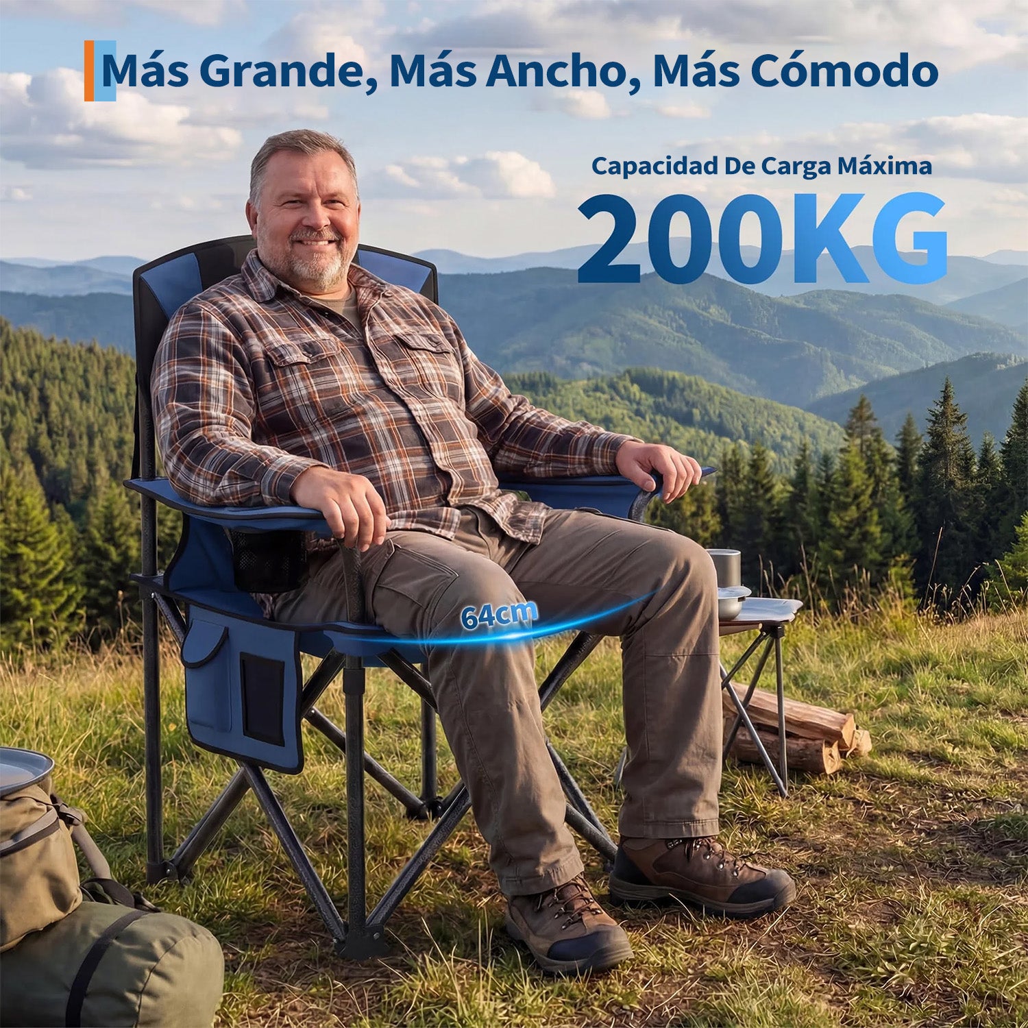 Garvee 2 Sillas de Camping Plegable XL Acolchada, Asiento de 64cm con Nevera y Portavasos, Sillas de Playa y Pesca Resistentes hasta 200kg, Pack de 2 (Negro/Azul)