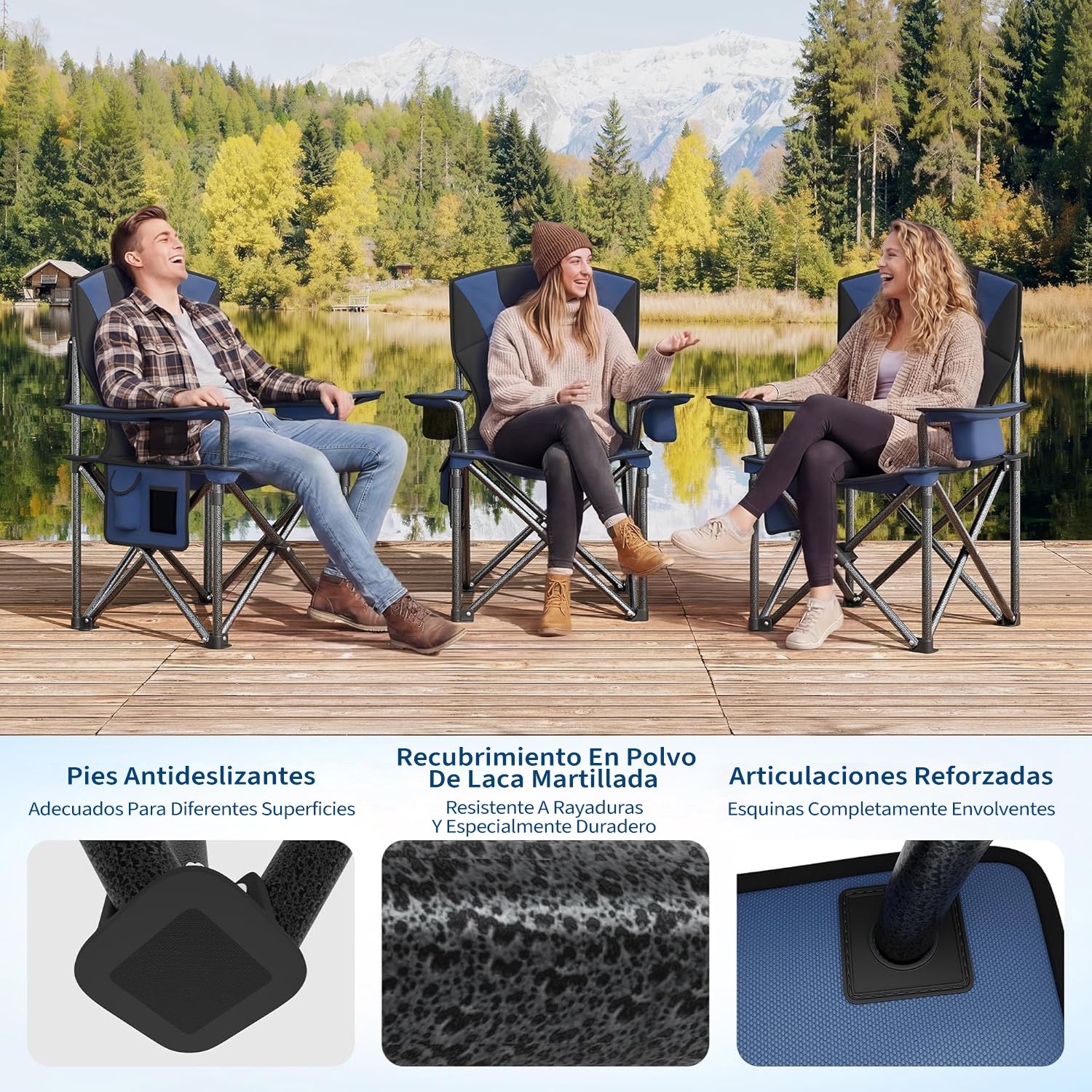 Garvee 2 Sillas de Camping Plegable XL Acolchada, Asiento de 64cm con Nevera y Portavasos, Sillas de Playa y Pesca Resistentes hasta 200kg, Pack de 2 (Negro/Azul)