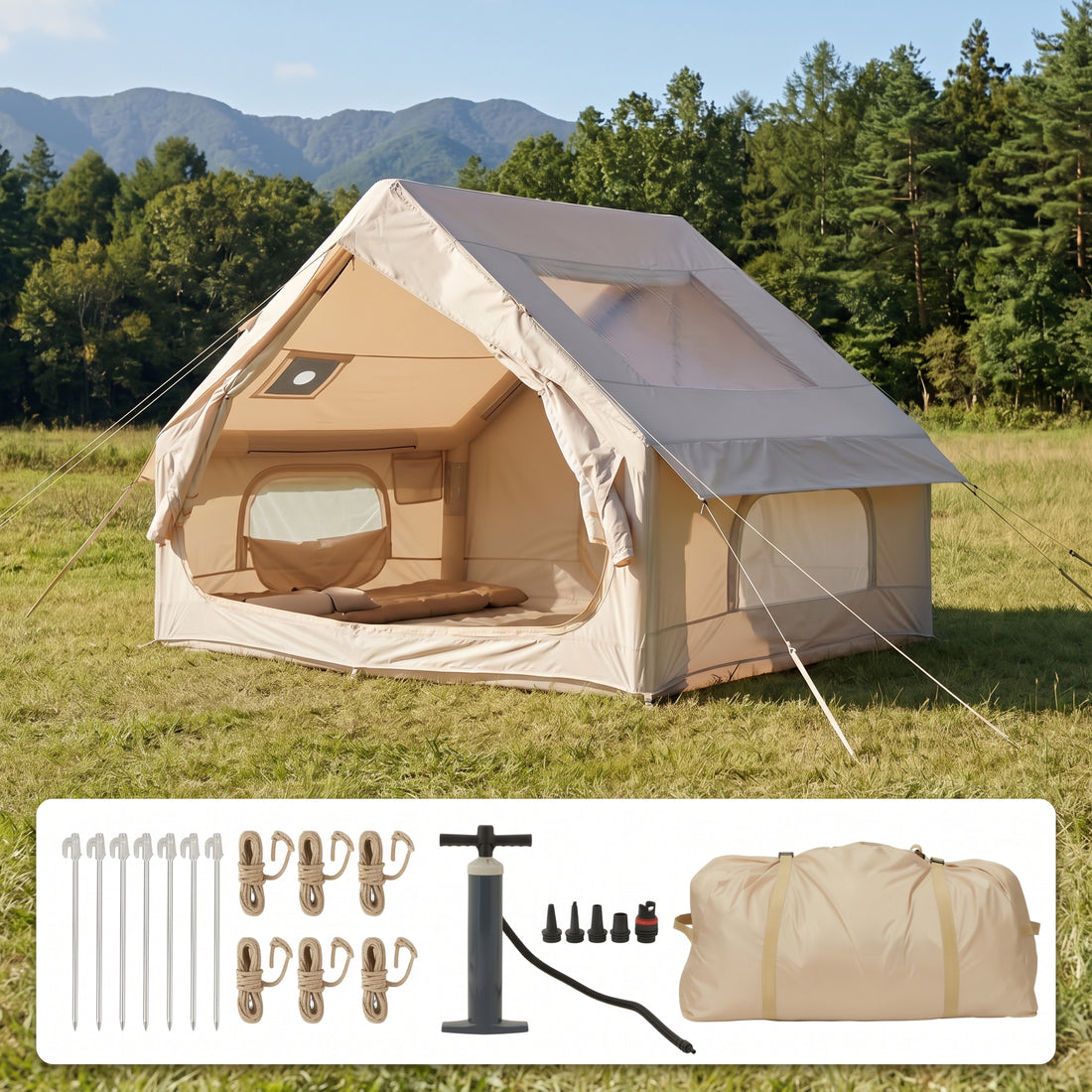 Garvee Tienda de Campaña Hinchable y Conectizable 6 m²  - Carpa Inflable Impermeable Oxford 210D con Bomba, Claraboya y Apertura para Estufa/Chimenea (2-4 Personas)