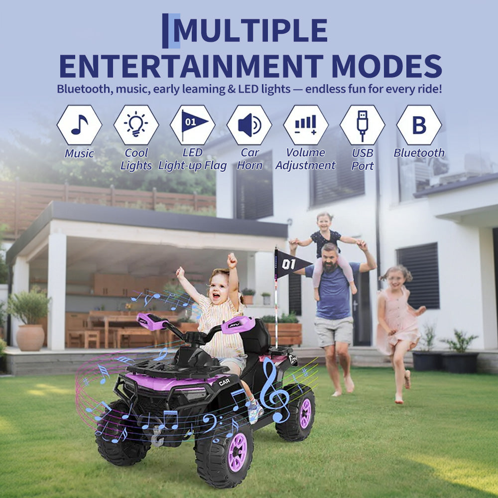 Garvee Quad Eléctrico Infantil 12V ATV Todo Terreno con 2 Motores Control Parental Suspensión LED Bluetooth USB para Niños 3-8 Años Púrpura