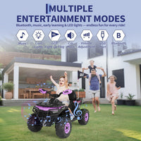 Garvee Quad Eléctrico Infantil 12V ATV Todo Terreno con 2 Motores Control Parental Suspensión LED Bluetooth USB para Niños 3-8 Años Púrpura