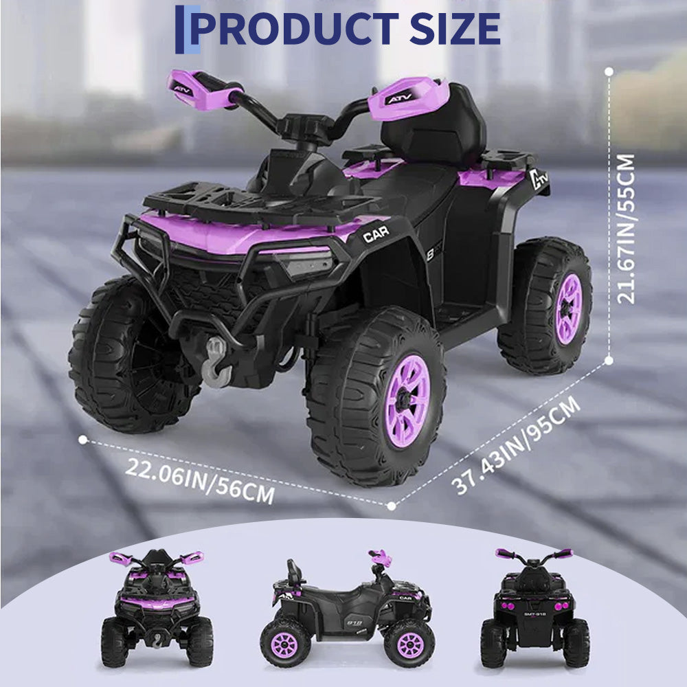 Garvee Quad Eléctrico Infantil 12V ATV Todo Terreno con 2 Motores Control Parental Suspensión LED Bluetooth USB para Niños 3-8 Años Púrpura