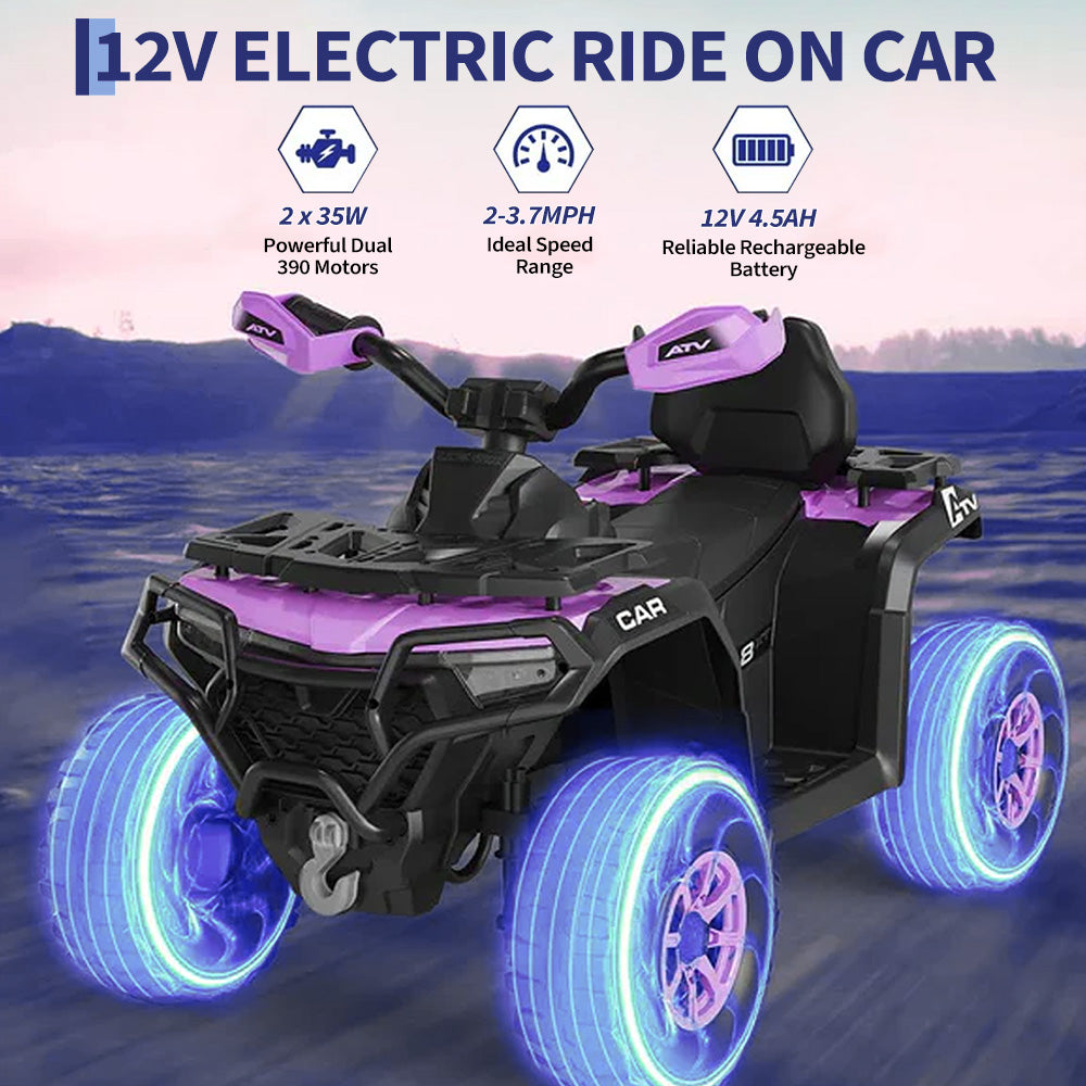 Garvee Quad Eléctrico Infantil 12V ATV Todo Terreno con 2 Motores Control Parental Suspensión LED Bluetooth USB para Niños 3-8 Años Púrpura