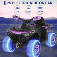Garvee Quad Eléctrico Infantil 12V ATV Todo Terreno con 2 Motores Control Parental Suspensión LED Bluetooth USB para Niños 3-8 Años Púrpura