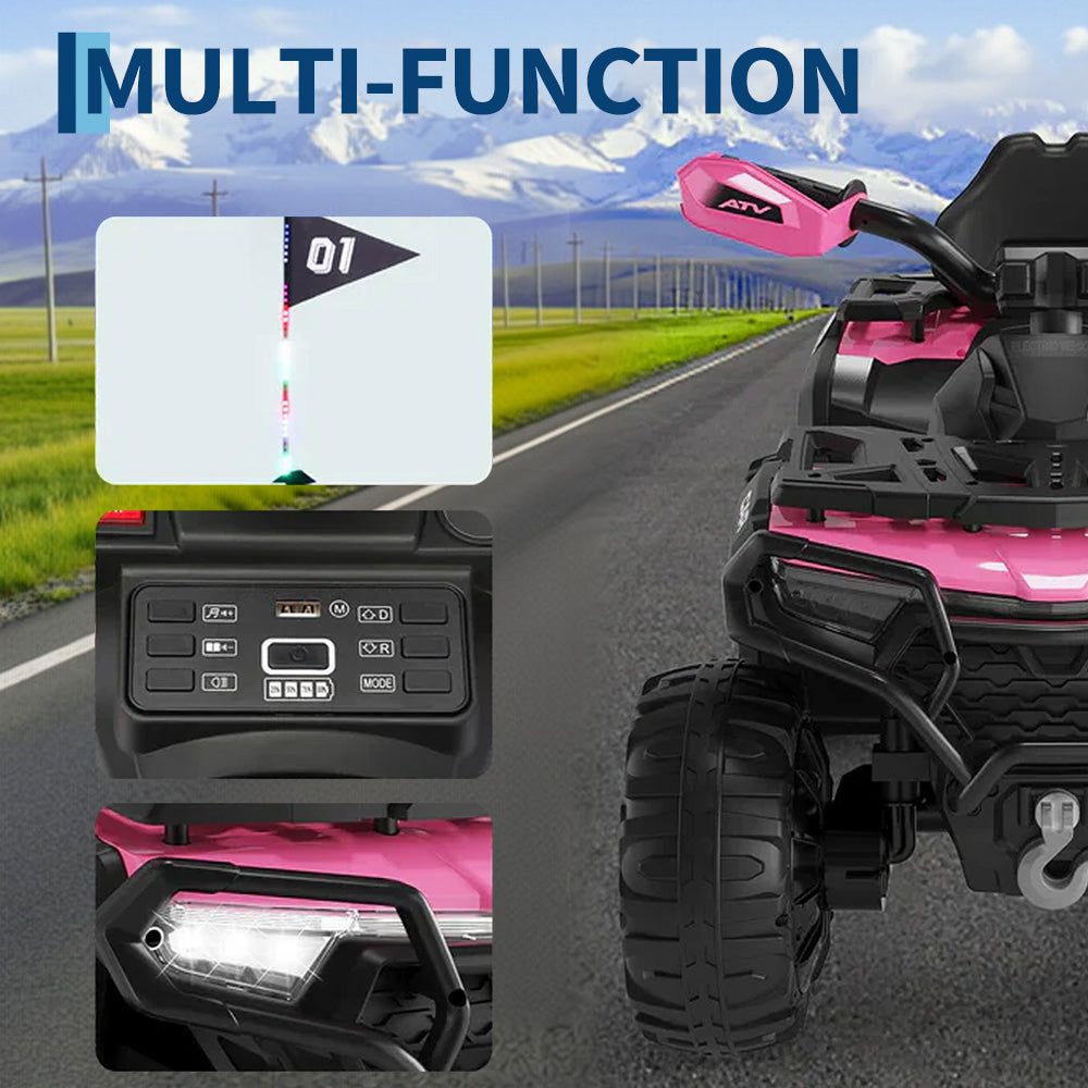 Garvee Quad Eléctrico Infantil 12V Todoterreno con Control Parental Motores Dobles 35W Bluetooth Luces LED y Suspensión Rosa Oscuro