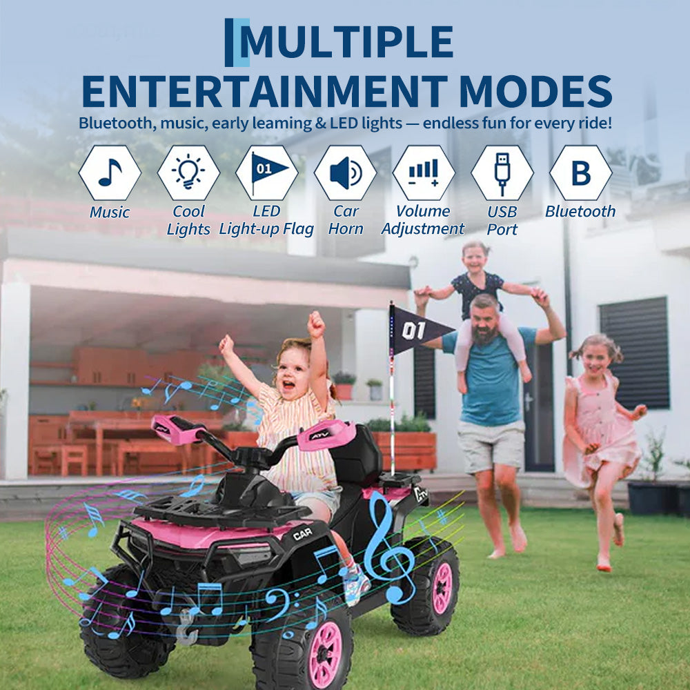 Garvee Quad Eléctrico Infantil 12V Todoterreno con Control Parental Motores Dobles 35W Bluetooth Luces LED y Suspensión Rosa Oscuro