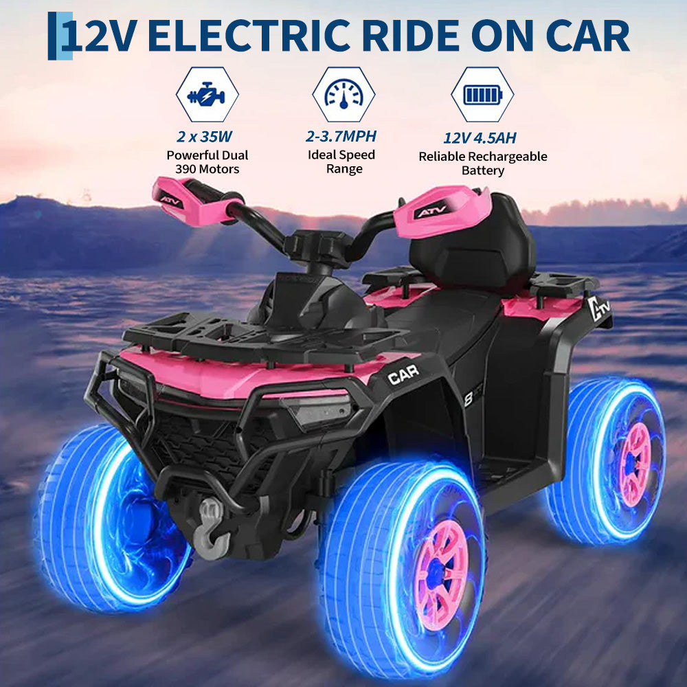 Garvee Quad Eléctrico Infantil 12V Todoterreno con Control Parental Motores Dobles 35W Bluetooth Luces LED y Suspensión Rosa Oscuro