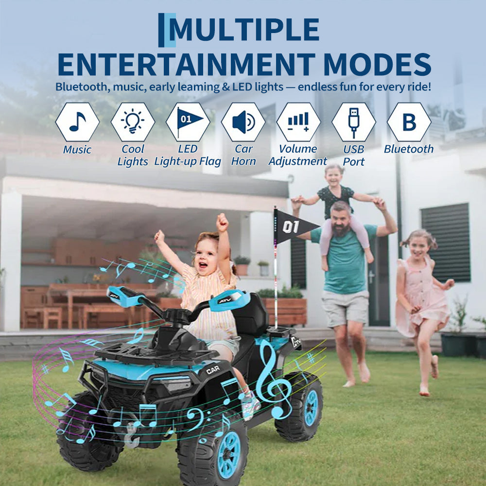 Garvee Quad Eléctrico Infantil 12V ATV Todo Terreno 2 Motores Control Parental Suspensión LED Bluetooth USB para Niños 3-8 Años Azul Turquesa