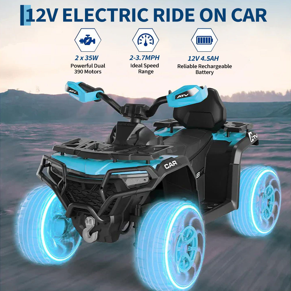 Garvee Quad Eléctrico Infantil 12V ATV Todo Terreno 2 Motores Control Parental Suspensión LED Bluetooth USB para Niños 3-8 Años Azul Turquesa