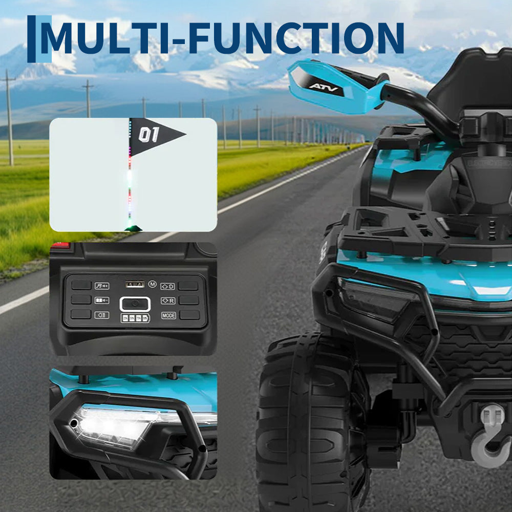 Garvee Quad Eléctrico Infantil 12V ATV Todo Terreno 2 Motores Control Parental Suspensión LED Bluetooth USB para Niños 3-8 Años Azul Turquesa