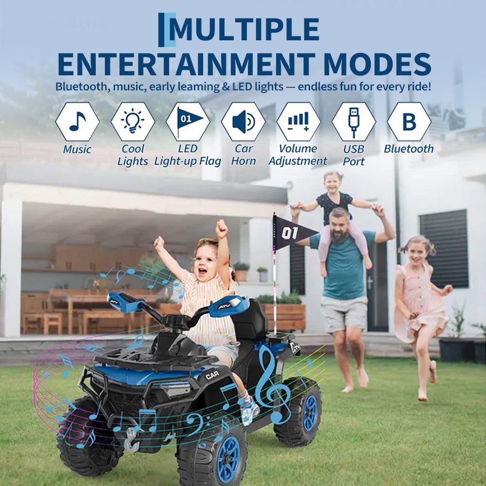 Garvee Quad Eléctrico Infantil 12V Todoterreno con Control Parental, Motores Dobles 35W, Bluetooth y Luces LED, Azul