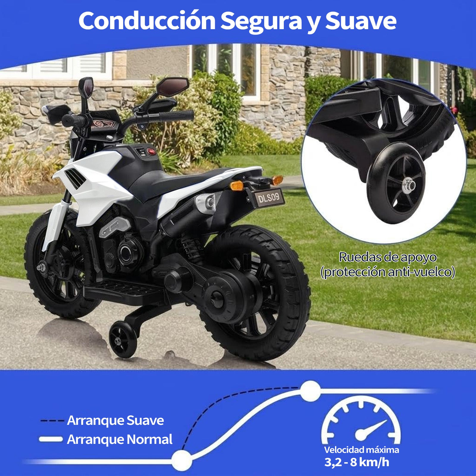 Garvee Moto Eléctrica Infantil 6V Batería 4Ah 3 Velocidades Ruedas de Apoyo Desmontables Faros LED y Música para Niños de 3 a 6 Años 25 kg Blanco
