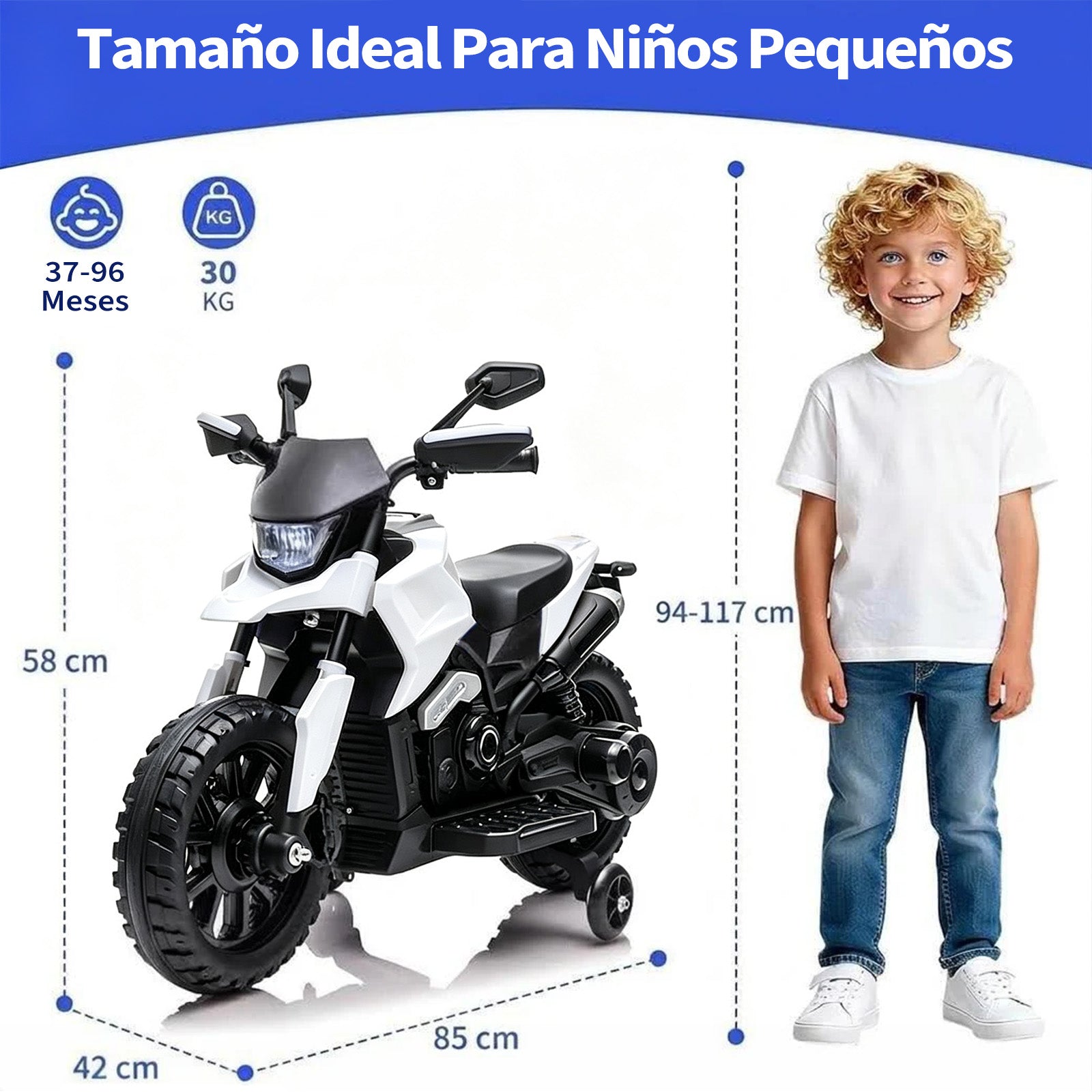 Garvee Moto Eléctrica Infantil 6V Batería 4Ah 3 Velocidades Ruedas de Apoyo Desmontables Faros LED y Música para Niños de 3 a 6 Años 25 kg Blanco