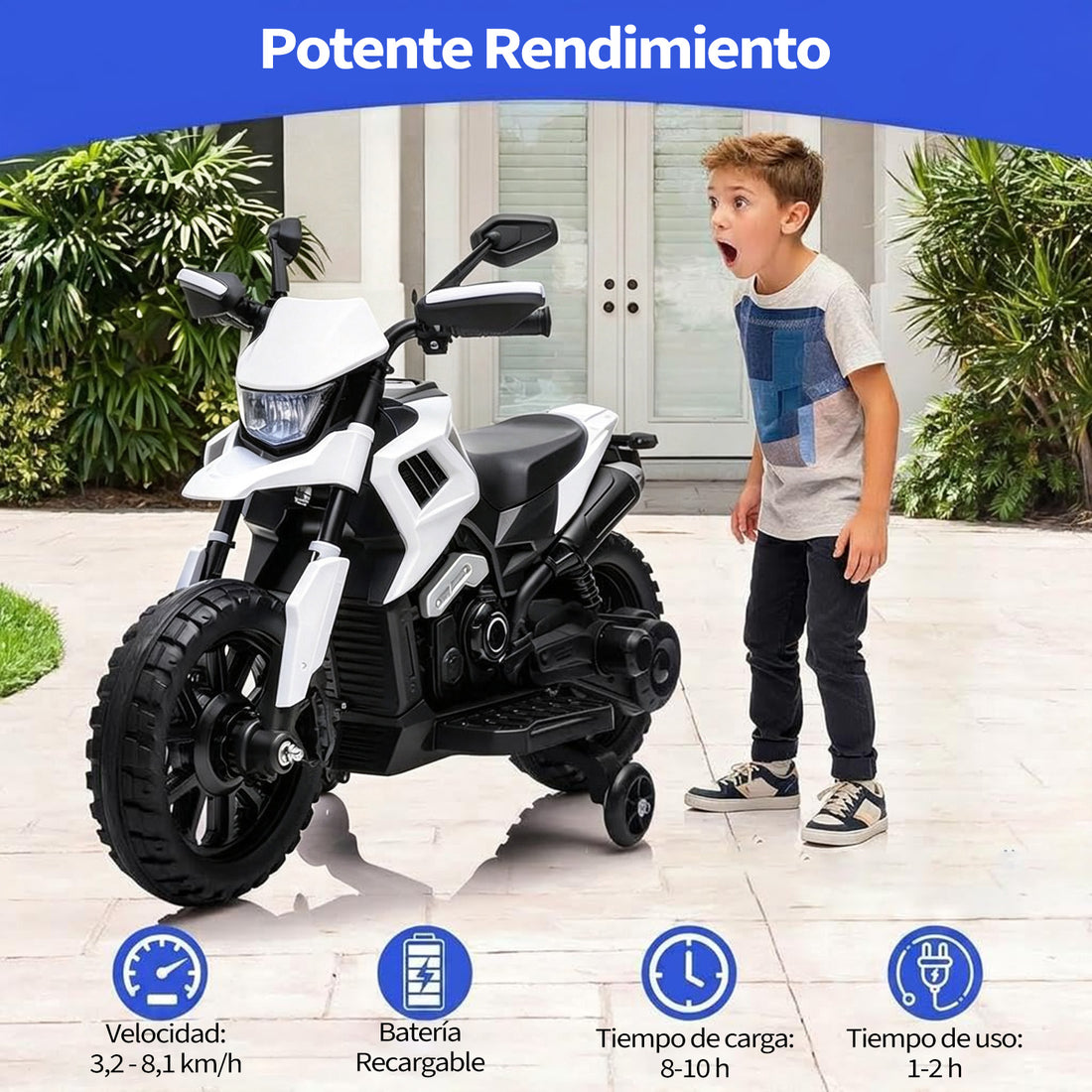 Garvee Moto Eléctrica Infantil 6V Batería 4Ah 3 Velocidades Ruedas de Apoyo Desmontables Faros LED y Música para Niños de 3 a 6 Años 25 kg Blanco