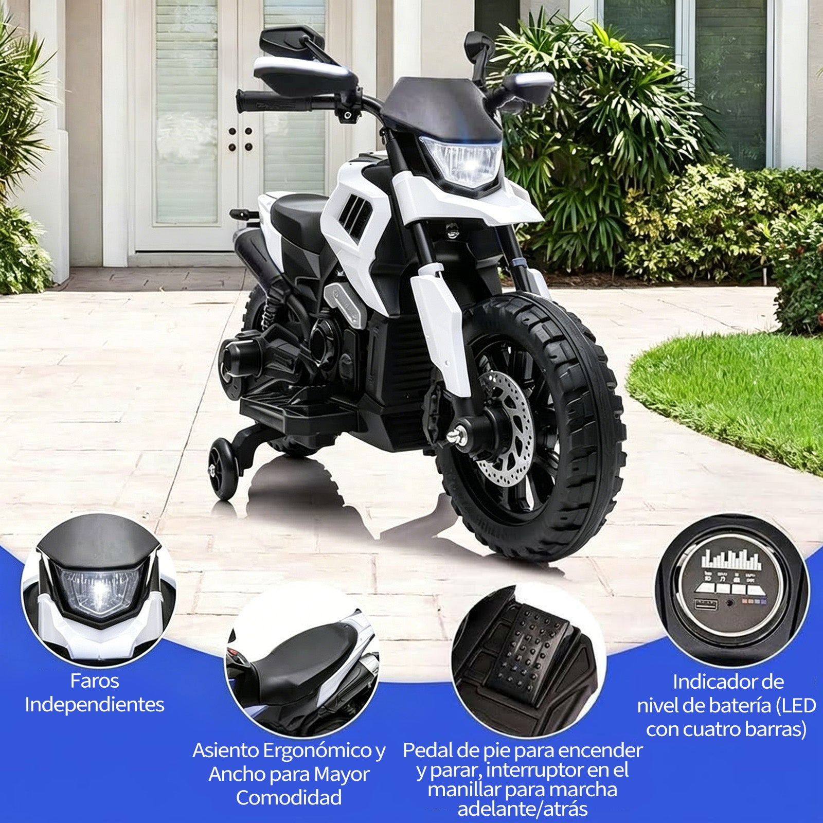 Garvee Moto Eléctrica Infantil 6V Batería 4Ah 3 Velocidades Ruedas de Apoyo Desmontables Faros LED y Música para Niños de 3 a 6 Años 25 kg Blanco