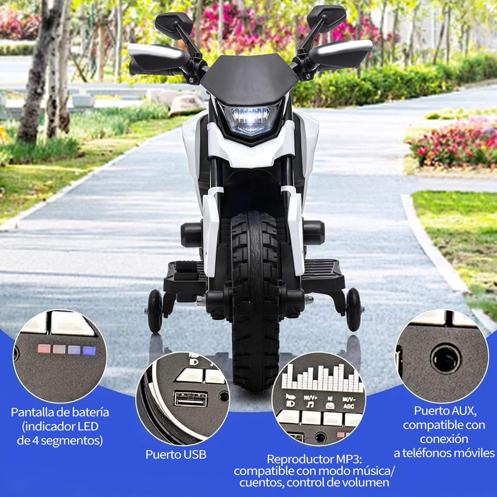 Garvee Moto Eléctrica Infantil 6V Batería 4Ah 3 Velocidades Ruedas de Apoyo Desmontables Faros LED y Música para Niños de 3 a 6 Años 25 kg Blanco