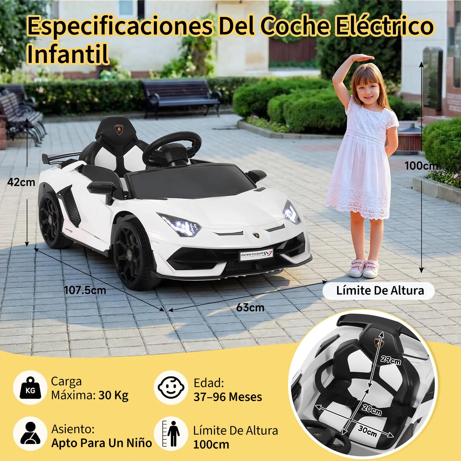 Garvee Coche Eléctrico Infantil 12V, Coche de Batería para Niños con Doble Motor, Puertas Hidráulicas, Mando a Distancia 2.4G y Luces LED, Blanco