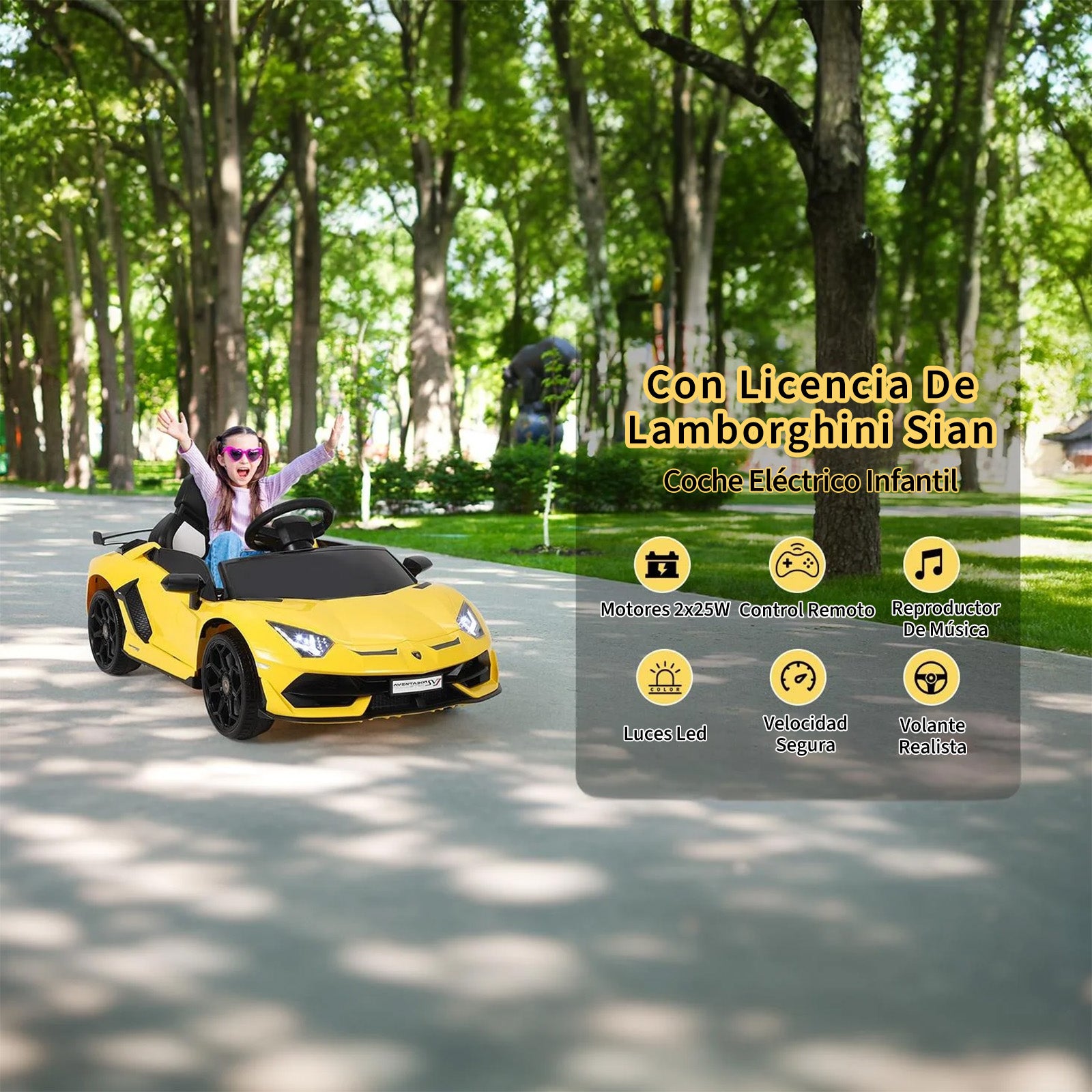 Garvee Coche Eléctrico Infantil 12V, Coche de Batería para Niños con Doble Motor, Puertas Hidráulicas, Mando a Distancia 2.4G y Luces LED, Amarillo