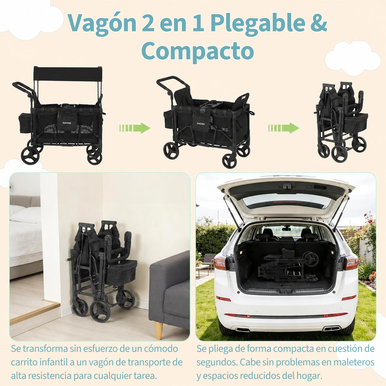 Garvee Carrito Plegable Todo Terreno para Niños, Vagón Infantil de Acampada con Capota y Bandeja, Carro de Paseo Escolar Familiar de 4 Asientos