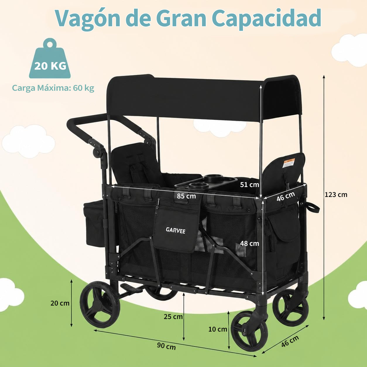 Garvee Carrito Plegable Todo Terreno para Niños, Vagón Infantil de Acampada con Capota y Bandeja, Carro de Paseo Escolar Familiar de 4 Asientos