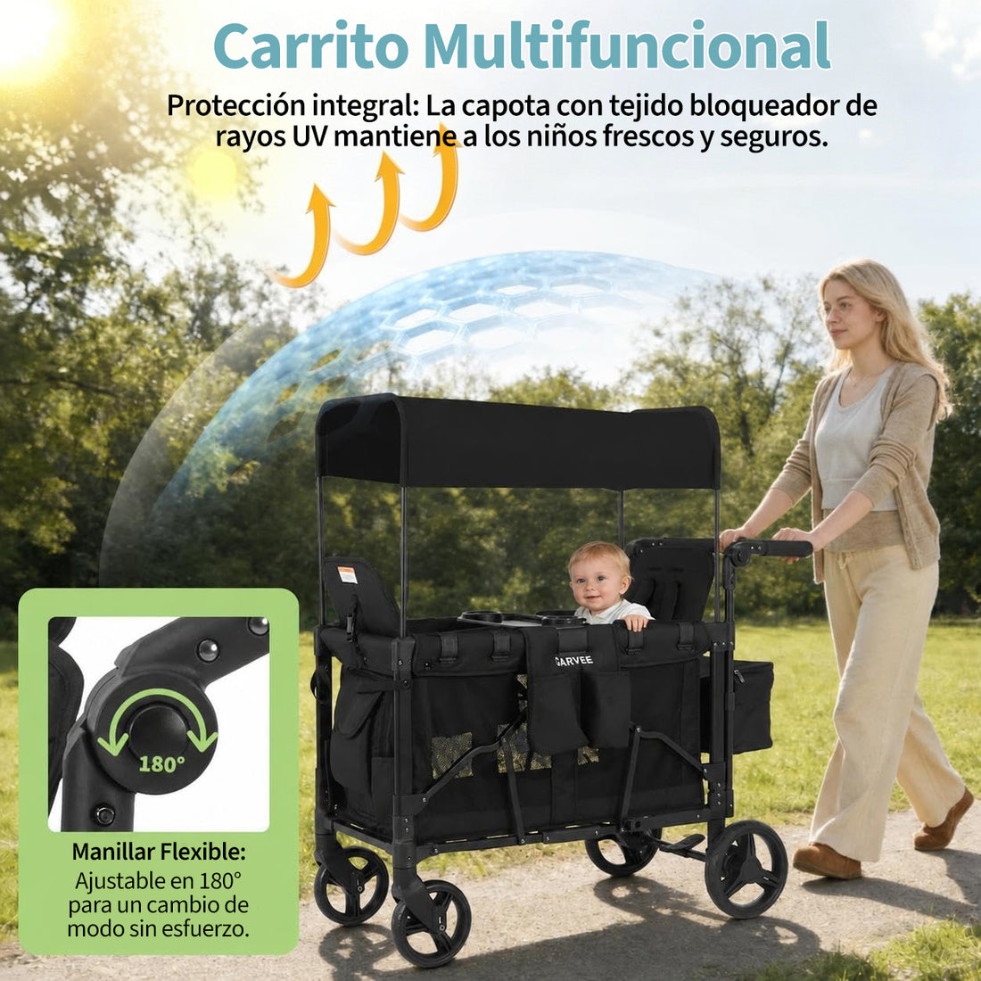 Garvee Carrito Plegable Todo Terreno para Niños, Vagón Infantil de Acampada con Capota y Bandeja, Carro de Paseo Escolar Familiar de 4 Asientos