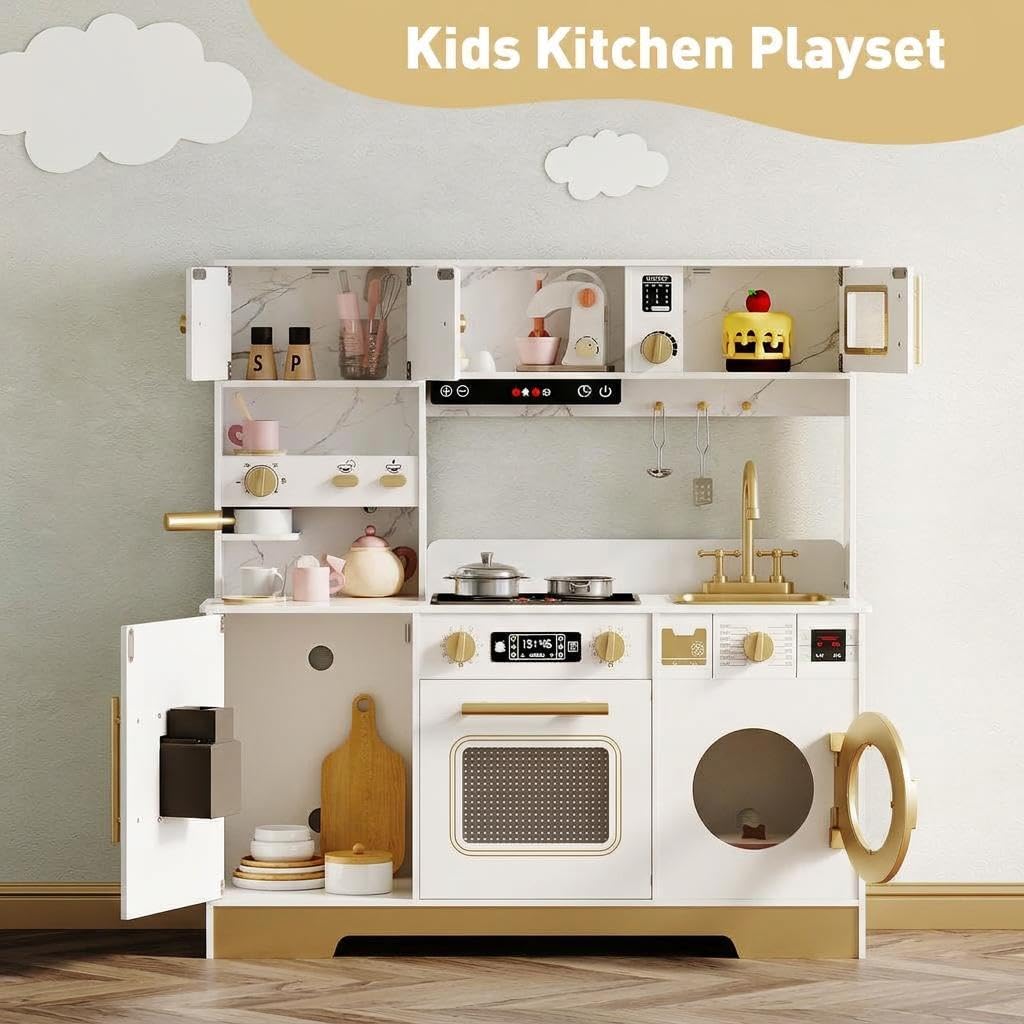 Garvee Cocina de Juguete Educativa de MDF para Niños, Cocinita Infantil con Panel Blanco y Dorado para Juego de Roles, Blanco y Dorado